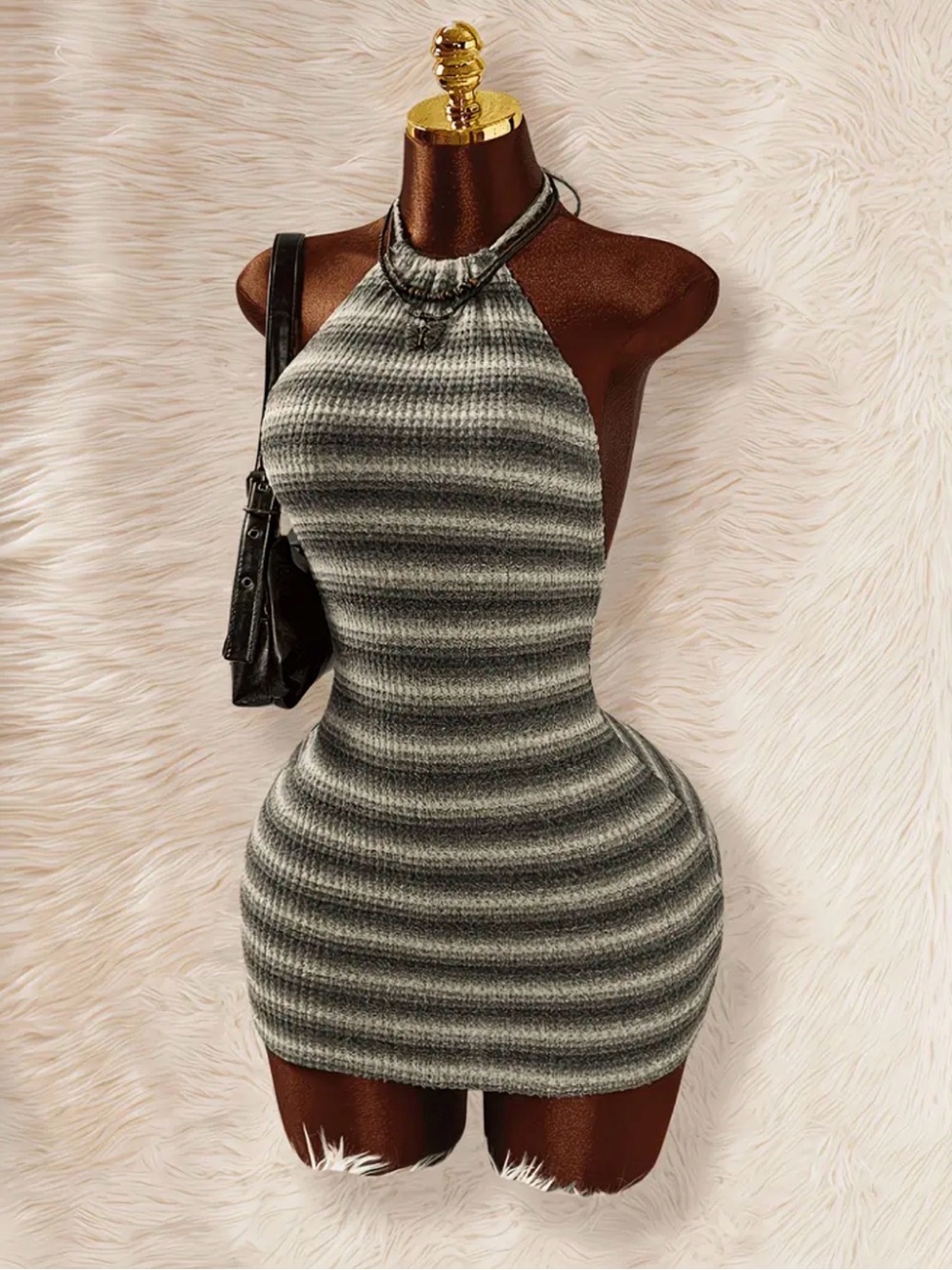 Sleeveless Ribbed Halter Bodycon Dress in Gray Stripes